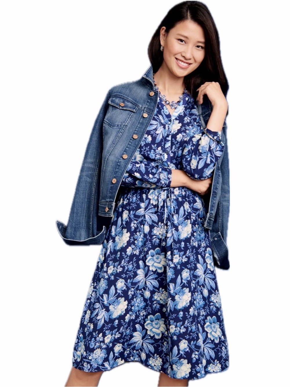 TALBOTS Tie Waist Shirt Dress In Blue Cottage Rose Floral Toile Sz 4